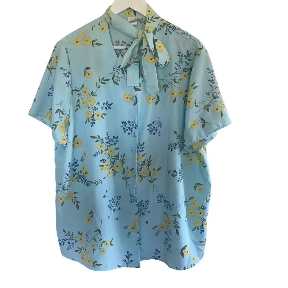 Vintage TR Bentley PLUS size 1X floral neck tie short sleeve blouse blue